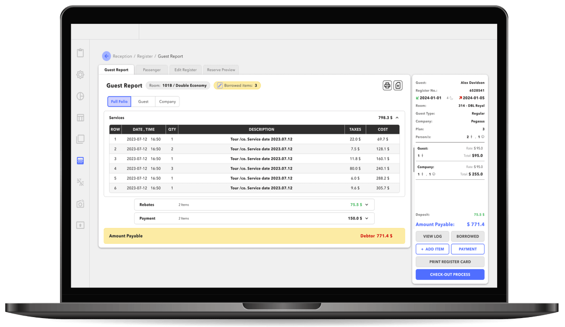 A guest room folio covering all transaction logs